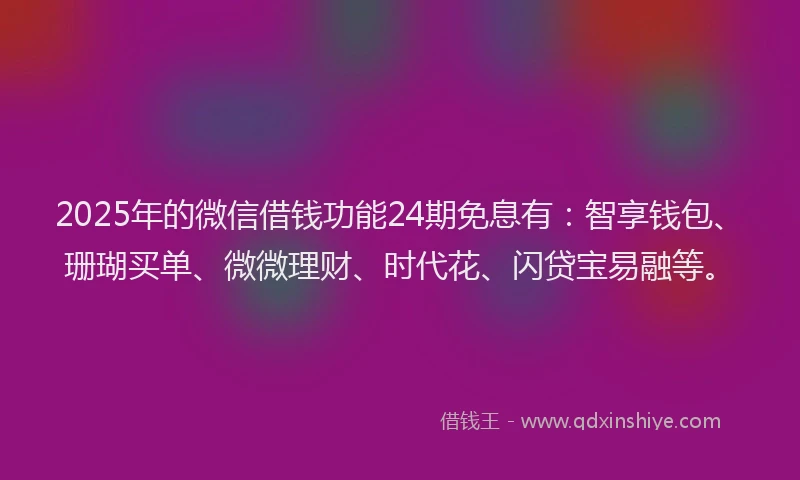2025年的微信借钱功能24期免息有：智享钱包、珊瑚买单、微微理财、时代花、闪贷宝易融等。