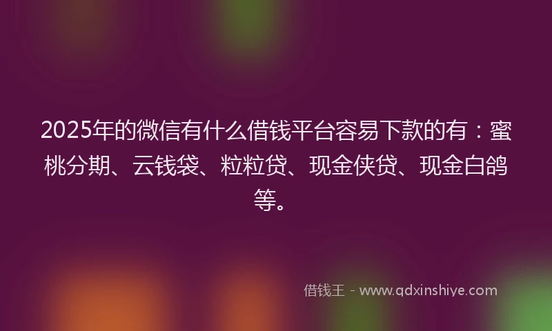 2025年的微信有什么借钱平台容易下款的有：蜜桃分期、云钱袋、粒粒贷、现金侠贷、现金白鸽等。