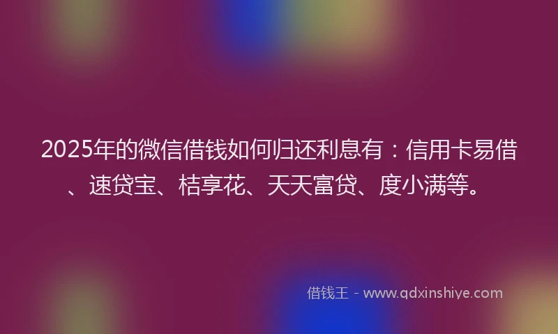 2025年的微信借钱如何归还利息有：信用卡易借、速贷宝、桔享花、天天富贷、度小满等。