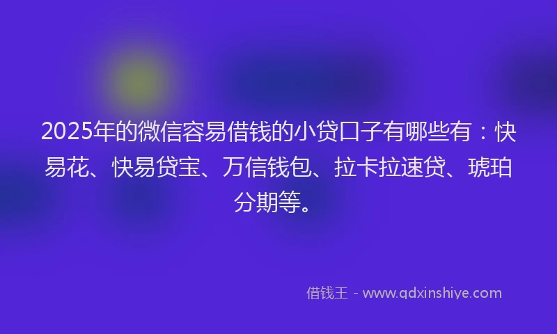 2025年的微信容易借钱的小贷口子有哪些有：快易花、快易贷宝、万信钱包、拉卡拉速贷、琥珀分期等。