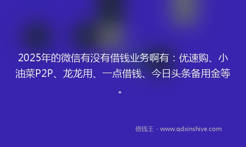 2025年的微信有没有借钱业务啊有：优速购、小油菜P2P、龙龙用、一点借钱、今日头条备用金等。