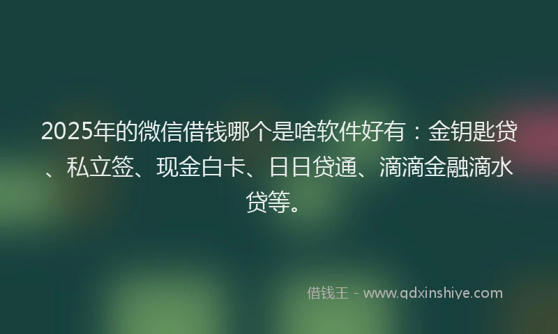 2025年的微信借钱哪个是啥软件好有：金钥匙贷、私立签、现金白卡、日日贷通、滴滴金融滴水贷等。