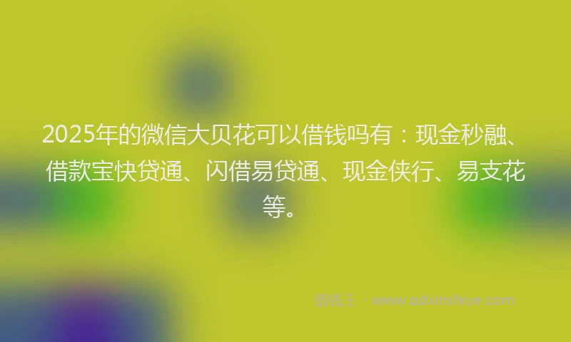 2025年的微信大贝花可以借钱吗有：现金秒融、借款宝快贷通、闪借易贷通、现金侠行、易支花等。