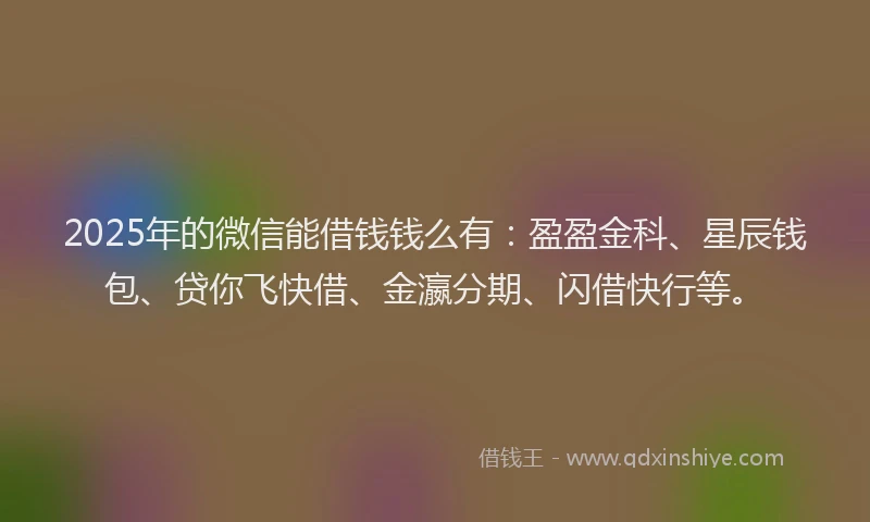 2025年的微信能借钱钱么有：盈盈金科、星辰钱包、贷你飞快借、金瀛分期、闪借快行等。
