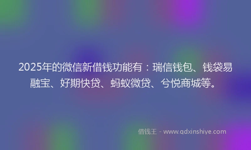 2025年的微信新借钱功能有：瑞信钱包、钱袋易融宝、好期快贷、蚂蚁微贷、兮悦商城等。