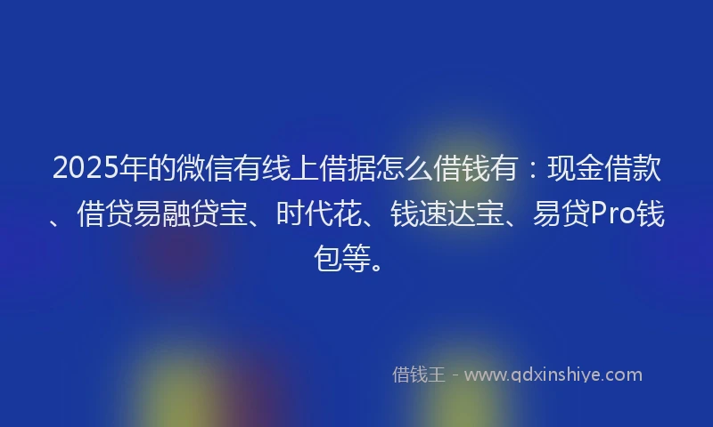 2025年的微信有线上借据怎么借钱有：现金借款、借贷易融贷宝、时代花、钱速达宝、易贷Pro钱包等。