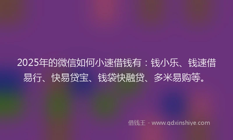 2025年的微信如何小速借钱有：钱小乐、钱速借易行、快易贷宝、钱袋快融贷、多米易购等。