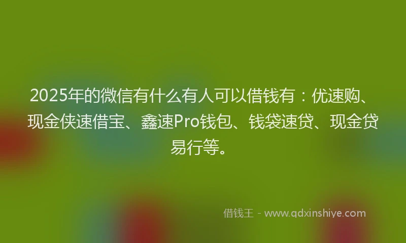 2025年的微信有什么有人可以借钱有：优速购、现金侠速借宝、鑫速Pro钱包、钱袋速贷、现金贷易行等。