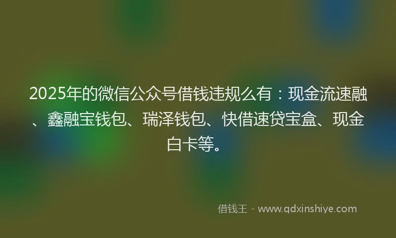 2025年的微信公众号借钱违规么有：现金流速融、鑫融宝钱包、瑞泽钱包、快借速贷宝盒、现金白卡等。