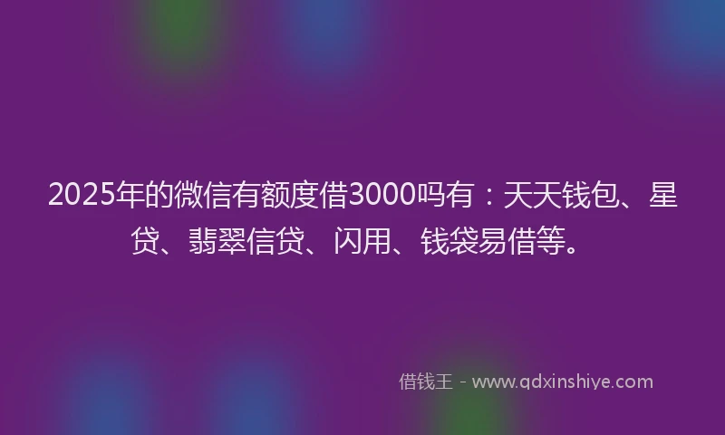 2025年的微信有额度借3000吗有：天天钱包、星贷、翡翠信贷、闪用、钱袋易借等。