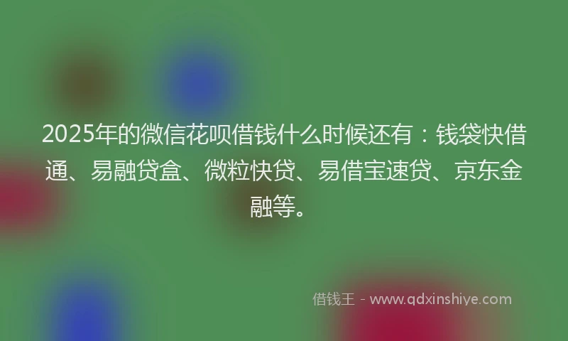 2025年的微信花呗借钱什么时候还有：钱袋快借通、易融贷盒、微粒快贷、易借宝速贷、京东金融等。
