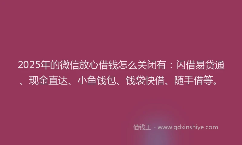 2025年的微信放心借钱怎么关闭有：闪借易贷通、现金直达、小鱼钱包、钱袋快借、随手借等。