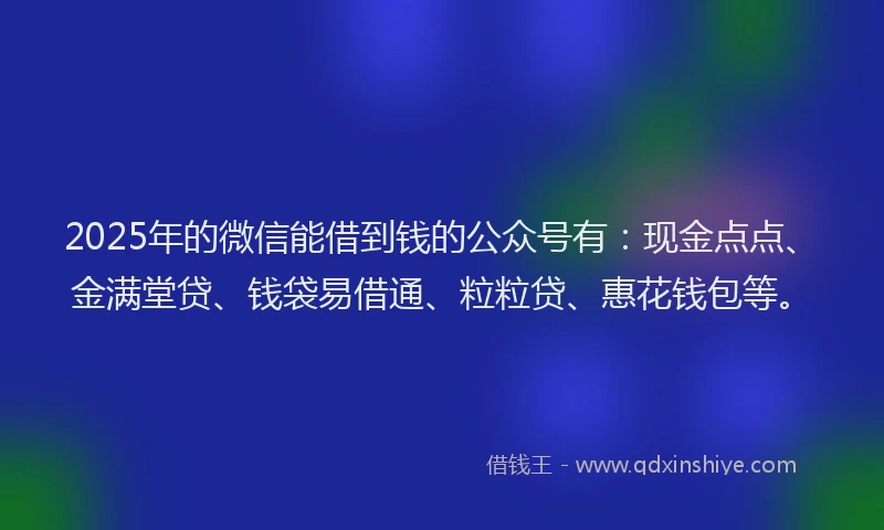 2025年的微信能借到钱的公众号有：现金点点、金满堂贷、钱袋易借通、粒粒贷、惠花钱包等。