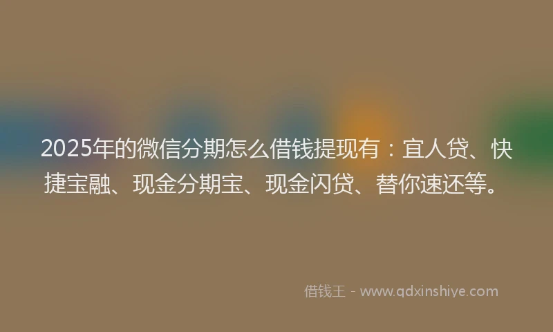 2025年的微信分期怎么借钱提现有：宜人贷、快捷宝融、现金分期宝、现金闪贷、替你速还等。