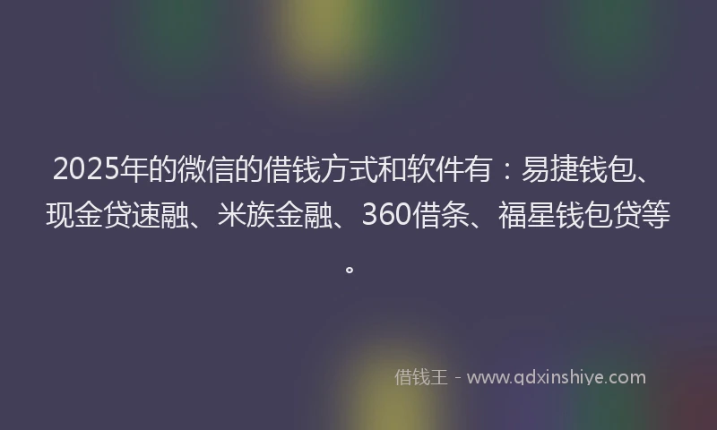 2025年的微信的借钱方式和软件有：易捷钱包、现金贷速融、米族金融、360借条、福星钱包贷等。