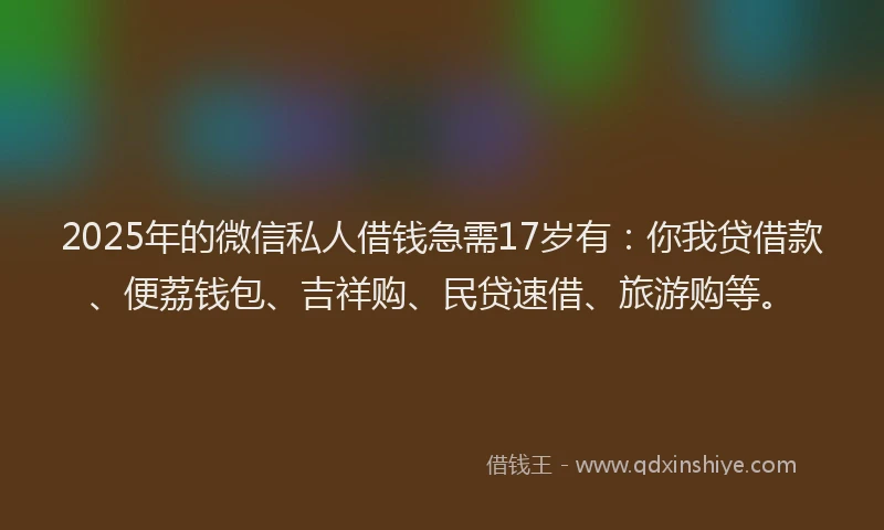 2025年的微信私人借钱急需17岁有：你我贷借款、便荔钱包、吉祥购、民贷速借、旅游购等。