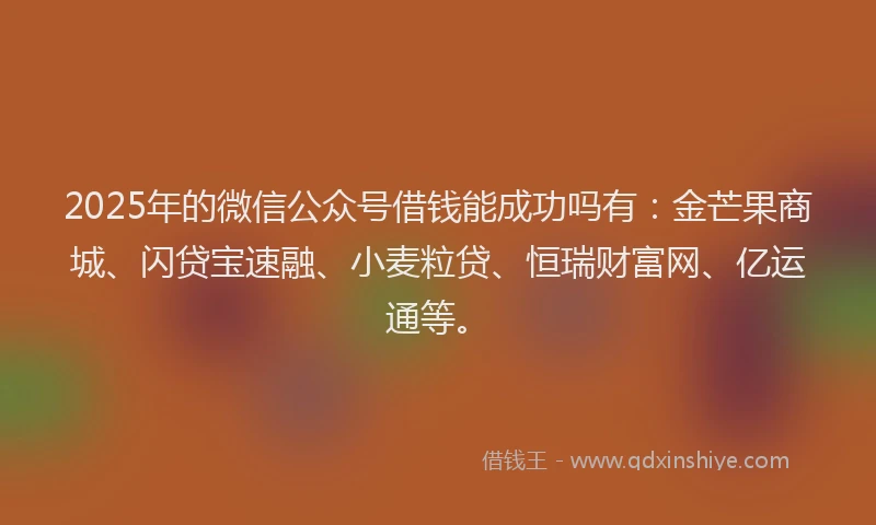 2025年的微信公众号借钱能成功吗有：金芒果商城、闪贷宝速融、小麦粒贷、恒瑞财富网、亿运通等。