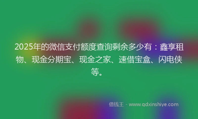 2025年的微信支付额度查询剩余多少有：鑫享租物、现金分期宝、现金之家、速借宝盒、闪电侠等。