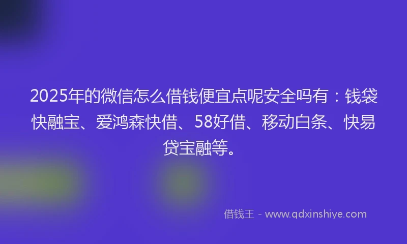 2025年的微信怎么借钱便宜点呢安全吗有：钱袋快融宝、爱鸿森快借、58好借、移动白条、快易贷宝融等。