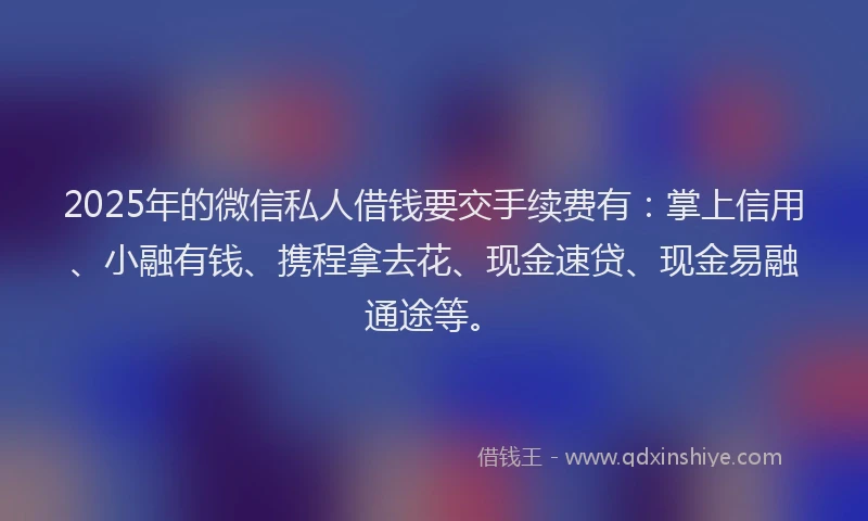 2025年的微信私人借钱要交手续费有：掌上信用、小融有钱、携程拿去花、现金速贷、现金易融通途等。