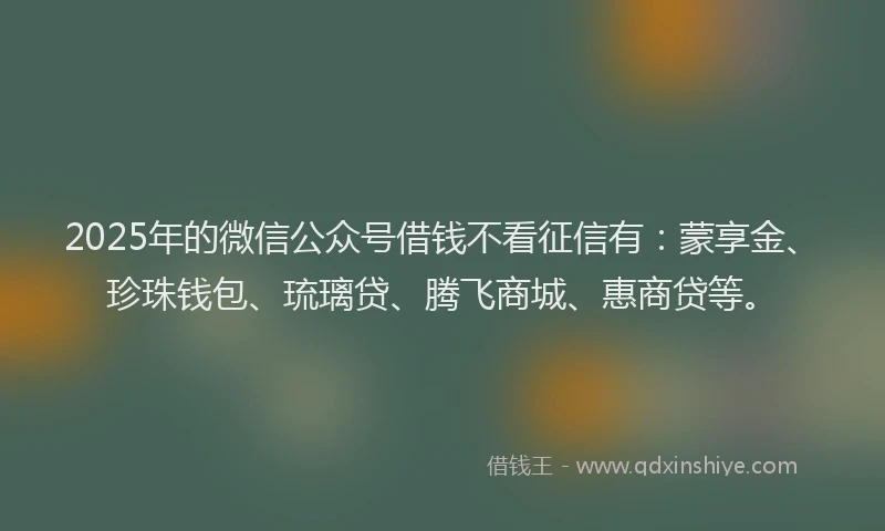 2025年的微信公众号借钱不看征信有：蒙享金、珍珠钱包、琉璃贷、腾飞商城、惠商贷等。