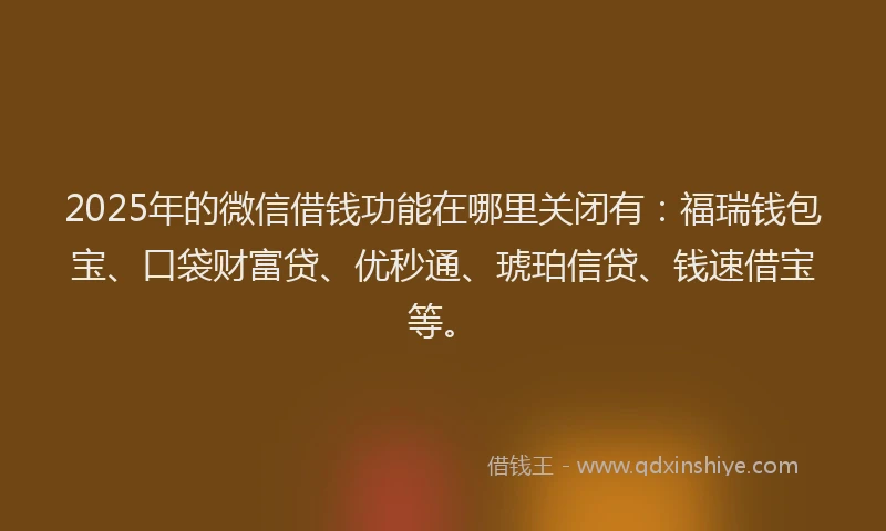 2025年的微信借钱功能在哪里关闭有：福瑞钱包宝、口袋财富贷、优秒通、琥珀信贷、钱速借宝等。