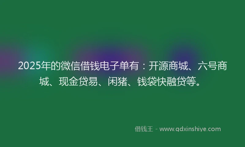 2025年的微信借钱电子单有：开源商城、六号商城、现金贷易、闲猪、钱袋快融贷等。