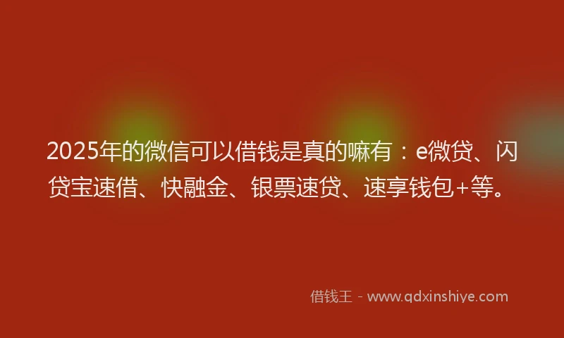 2025年的微信可以借钱是真的嘛有：e微贷、闪贷宝速借、快融金、银票速贷、速享钱包+等。