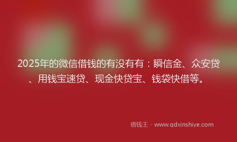 2025年的微信借钱的有没有有：瞬信金、众安贷、用钱宝速贷、现金快贷宝、钱袋快借等。