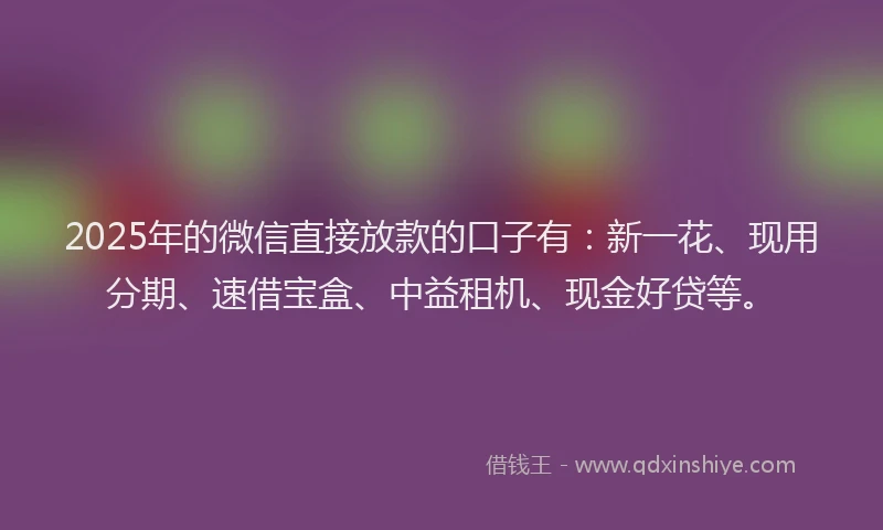 2025年的微信直接放款的口子有：新一花、现用分期、速借宝盒、中益租机、现金好贷等。