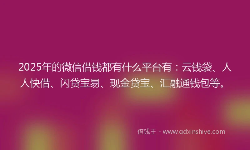 2025年的微信借钱都有什么平台有：云钱袋、人人快借、闪贷宝易、现金贷宝、汇融通钱包等。