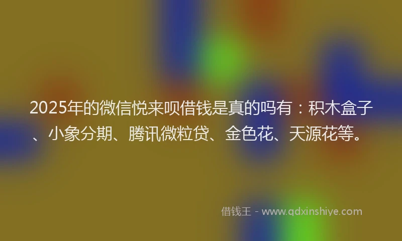 2025年的微信悦来呗借钱是真的吗有：积木盒子、小象分期、腾讯微粒贷、金色花、天源花等。