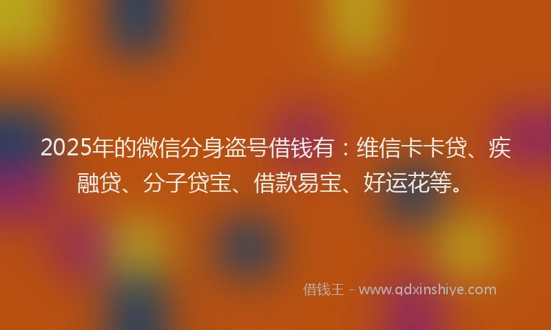 2025年的微信分身盗号借钱有：维信卡卡贷、疾融贷、分子贷宝、借款易宝、好运花等。