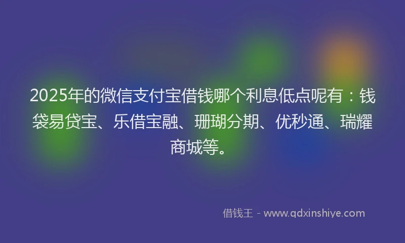 2025年的微信支付宝借钱哪个利息低点呢有：钱袋易贷宝、乐借宝融、珊瑚分期、优秒通、瑞耀商城等。
