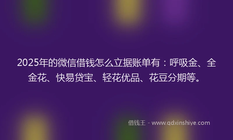 2025年的微信借钱怎么立据账单有：呼吸金、全金花、快易贷宝、轻花优品、花豆分期等。