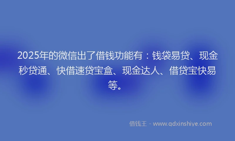 2025年的微信出了借钱功能有：钱袋易贷、现金秒贷通、快借速贷宝盒、现金达人、借贷宝快易等。