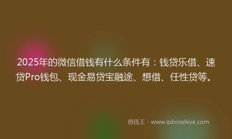 2025年的微信借钱有什么条件有：钱贷乐借、速贷Pro钱包、现金易贷宝融途、想借、任性贷等。
