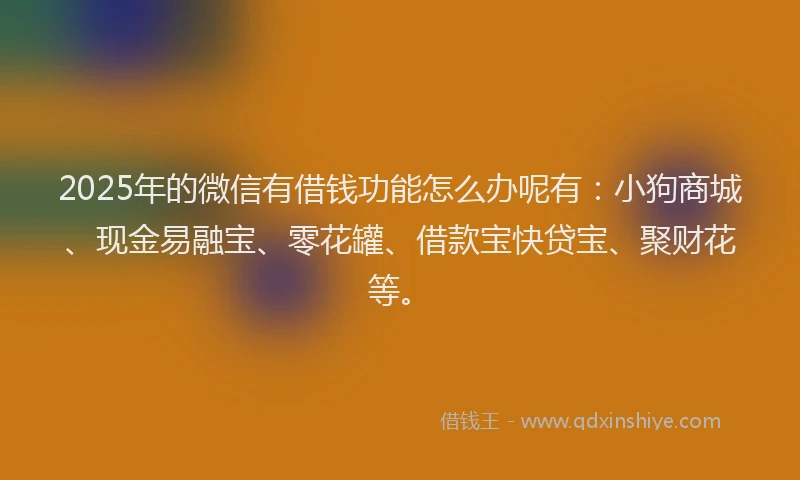 2025年的微信有借钱功能怎么办呢有：小狗商城、现金易融宝、零花罐、借款宝快贷宝、聚财花等。