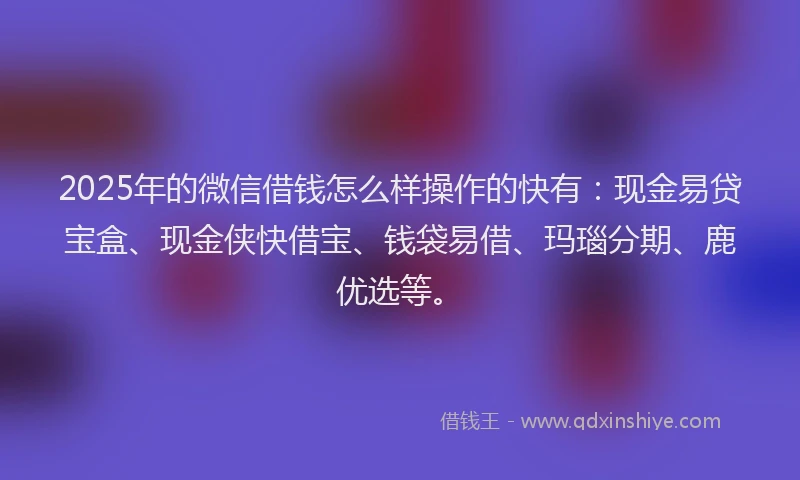 2025年的微信借钱怎么样操作的快有：现金易贷宝盒、现金侠快借宝、钱袋易借、玛瑙分期、鹿优选等。
