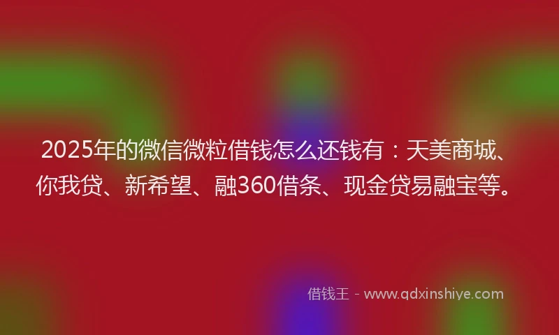 2025年的微信微粒借钱怎么还钱有：天美商城、你我贷、新希望、融360借条、现金贷易融宝等。