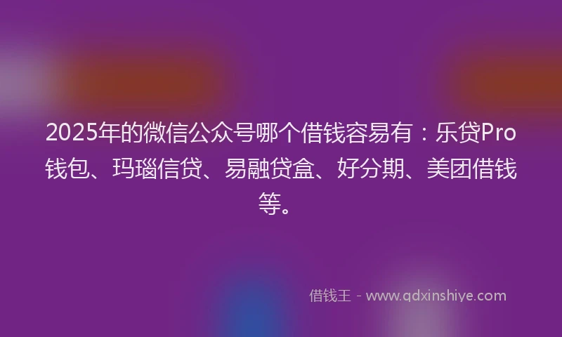 2025年的微信公众号哪个借钱容易有：乐贷Pro钱包、玛瑙信贷、易融贷盒、好分期、美团借钱等。