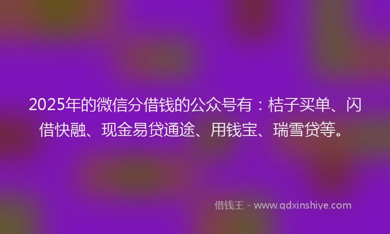 2025年的微信分借钱的公众号有：桔子买单、闪借快融、现金易贷通途、用钱宝、瑞雪贷等。