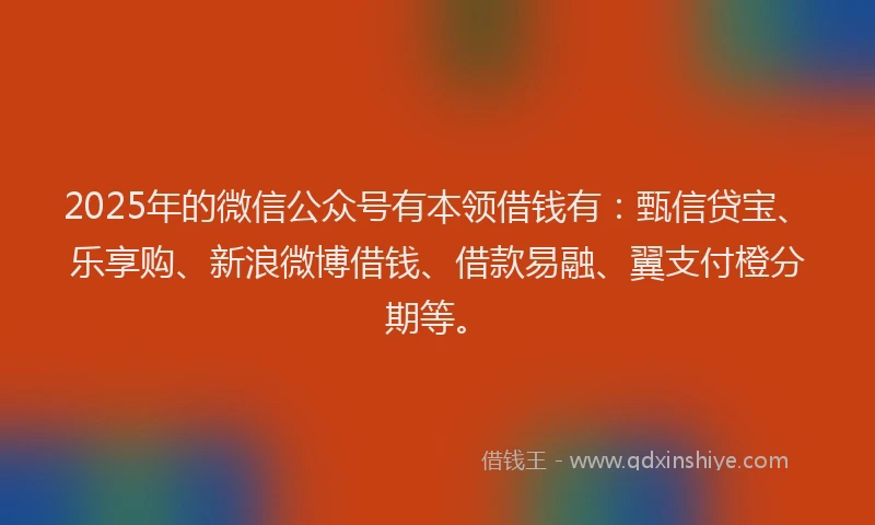 2025年的微信公众号有本领借钱有：甄信贷宝、乐享购、新浪微博借钱、借款易融、翼支付橙分期等。
