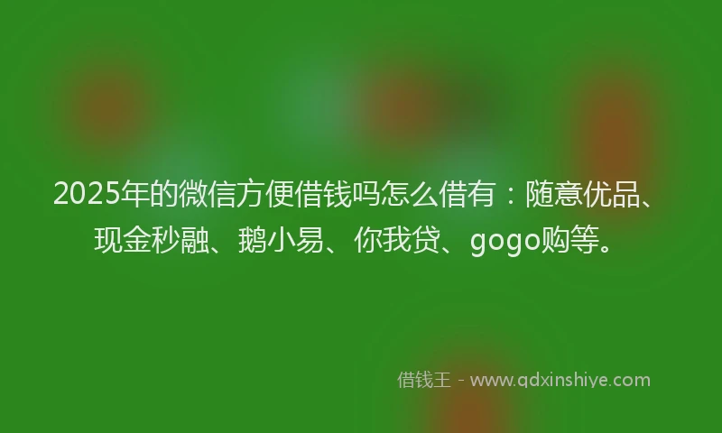 2025年的微信方便借钱吗怎么借有：随意优品、现金秒融、鹅小易、你我贷、gogo购等。