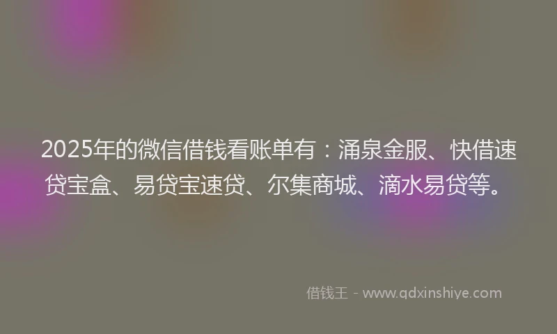 2025年的微信借钱看账单有：涌泉金服、快借速贷宝盒、易贷宝速贷、尔集商城、滴水易贷等。