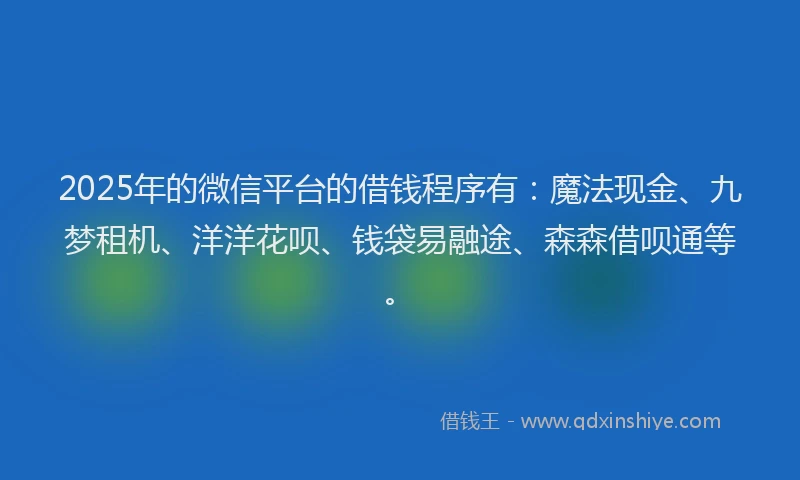 2025年的微信平台的借钱程序有：魔法现金、九梦租机、洋洋花呗、钱袋易融途、森森借呗通等。