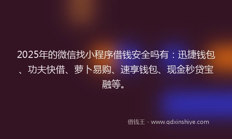 2025年的微信找小程序借钱安全吗有：迅捷钱包、功夫快借、萝卜易购、速享钱包、现金秒贷宝融等。