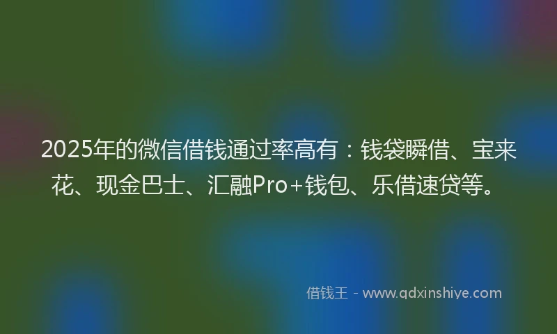2025年的微信借钱通过率高有：钱袋瞬借、宝来花、现金巴士、汇融Pro+钱包、乐借速贷等。