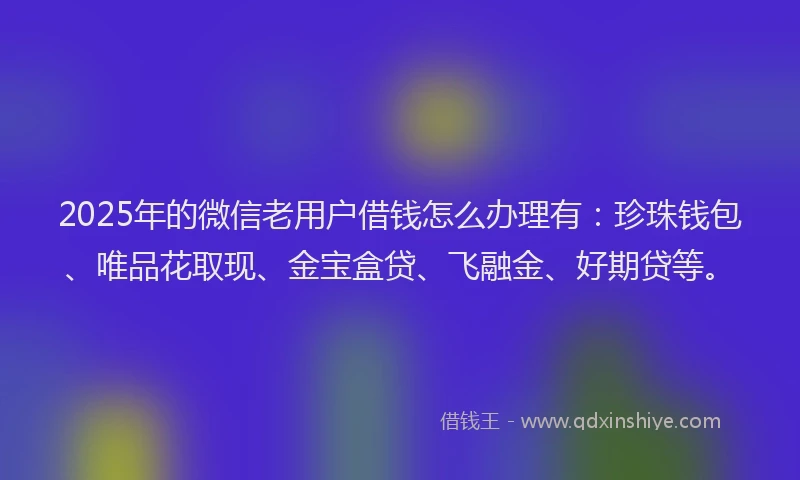 2025年的微信老用户借钱怎么办理有：珍珠钱包、唯品花取现、金宝盒贷、飞融金、好期贷等。