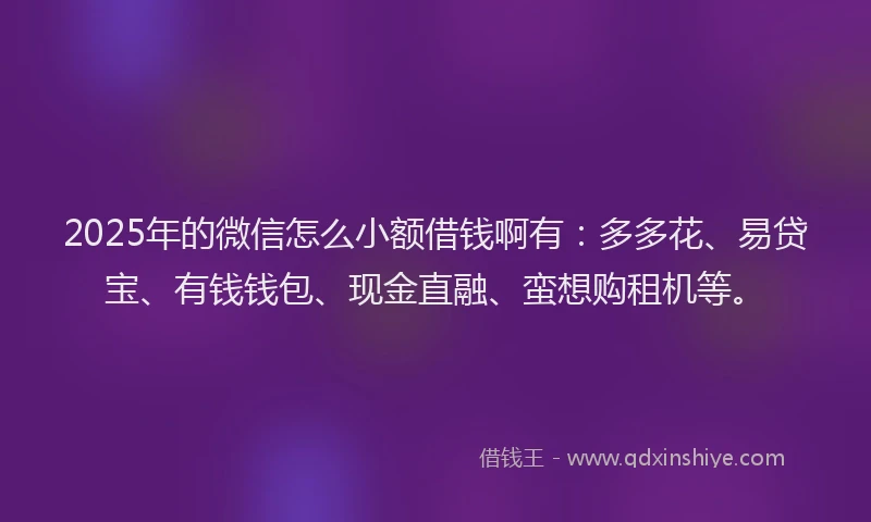 2025年的微信怎么小额借钱啊有：多多花、易贷宝、有钱钱包、现金直融、蛮想购租机等。